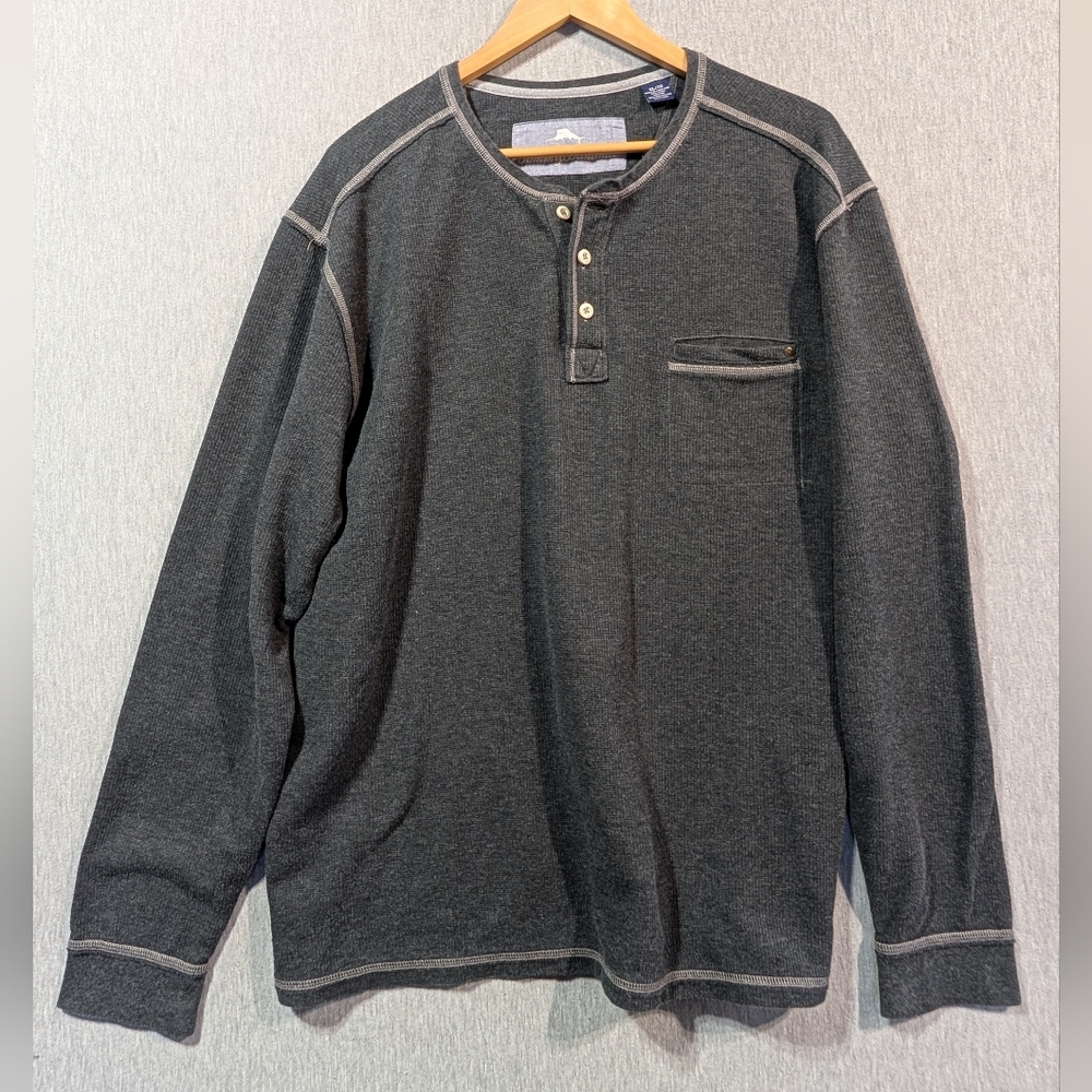 Tommy Bahama Waffle Knit Pullover Shirt Men's XL Gray Button Long Sleeve
